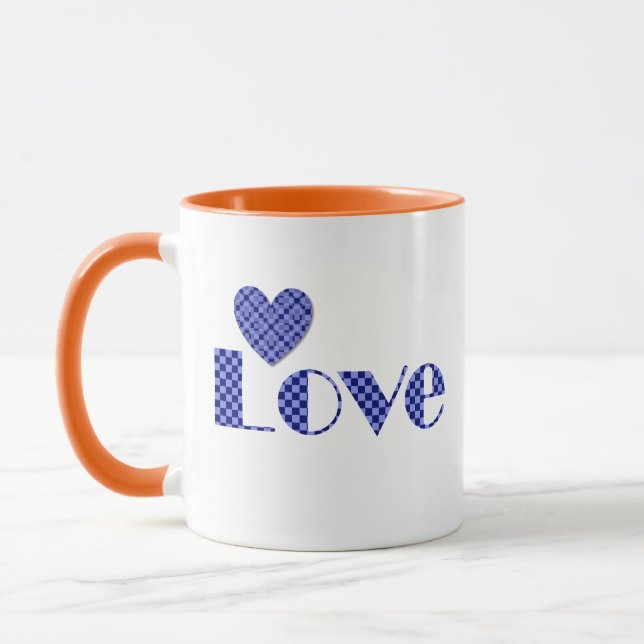 Spaß, elegantes blaues Herz, Muster "LIEBE" Tasse (Links)