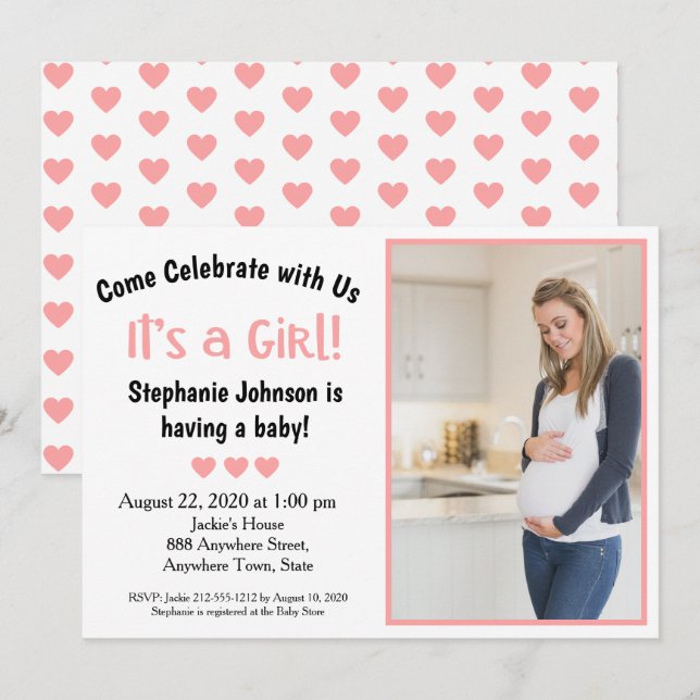 Spaß Es ist ein Girl Baby Shower Pink Hearts Foto Einladung (Vorne/Hinten)