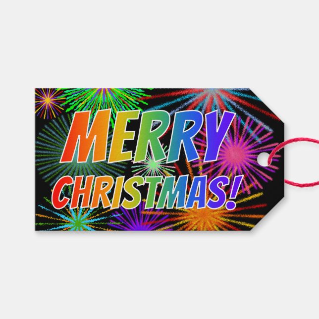 Spaß, farbenfroh, Regenbogenspektrum "MERRY CHRIST Geschenkanhänger (Vorderseite (Horizontal))