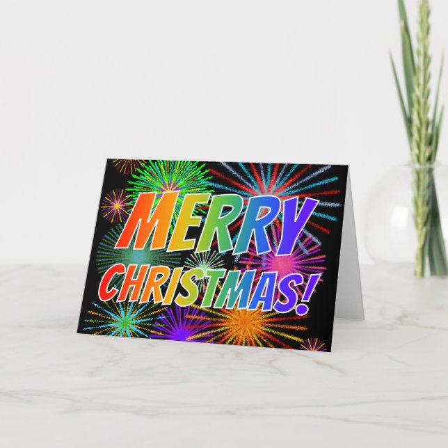Spaß, farbenfroh, Regenbogenspektrum "MERRY CHRIST Karte (Vorderseite)