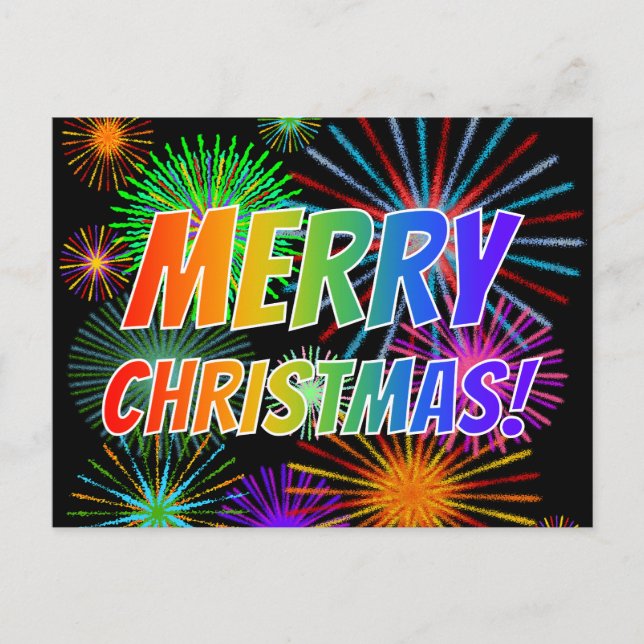 Spaß, farbenfroh, Regenbogenspektrum "MERRY CHRIST Postkarte (Vorderseite)