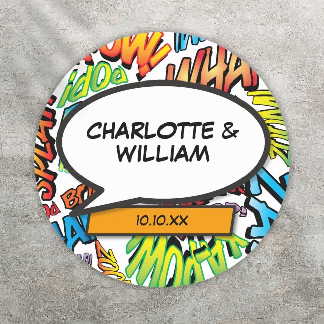 Spaß farbenfrohe Comic Buchredeblase Runder Aufkleber (Fun Colorful Comic Book Speech Bubble Classic Round Sticker)
