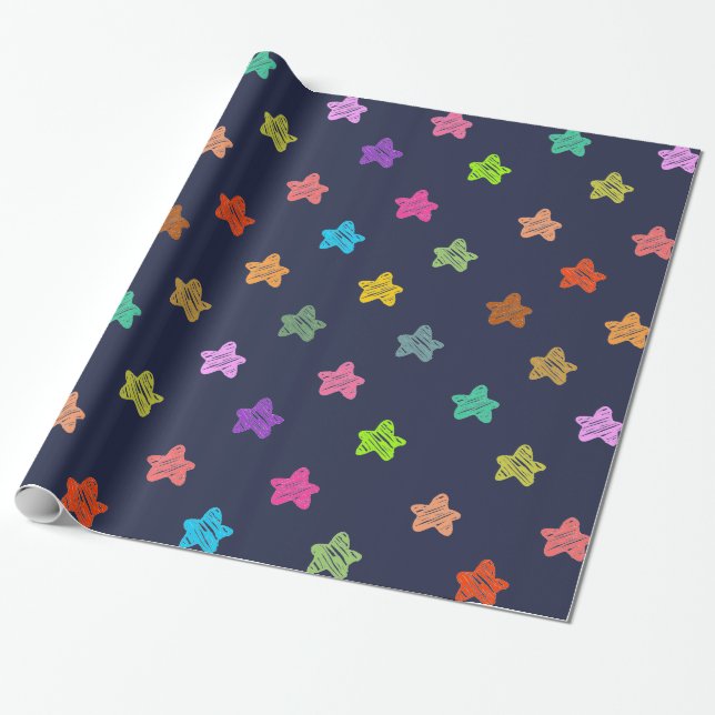 Spaß farbenfrohe Doodle-Sterne auf dunkelblau Geschenkpapier (Ungerollt)
