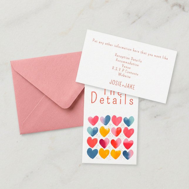 Spaß farbenfrohe Liebe Herz Hochzeit Details Begleitkarte (Fun colorful love hearts wedding The Details Enclosure Card.)