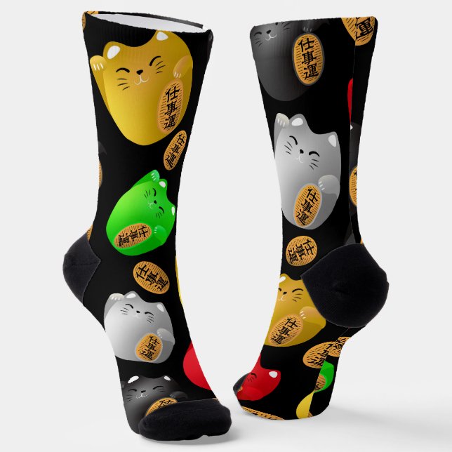 Spaß Farbenfrohe Maneki-Neko Katzen Muster auf sch Socken (Gewinkelt)