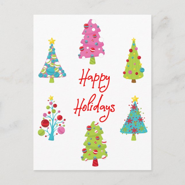 Spaß farbenfrohe Weihnachtsbäume glückliche Ferien Postkarte (Vorderseite)