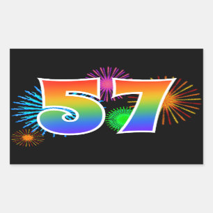 Spaß Feuerwerk + Regenbogenmuster "57" Ereignisnum Rechteckiger Aufkleber