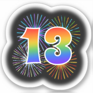 Spaß-Feuerwerke + Regenbogen-Muster "13" Ereignis Aufkleber