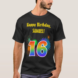 Spaß-Feuerwerke + Regenbogen-Muster "16" T-Shirt