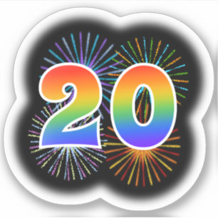 Spaß-Feuerwerke + Regenbogen-Muster "20" Ereignis Aufkleber