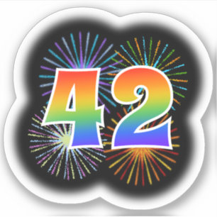Spaß-Feuerwerke + Regenbogen-Muster "42" Ereignis Aufkleber