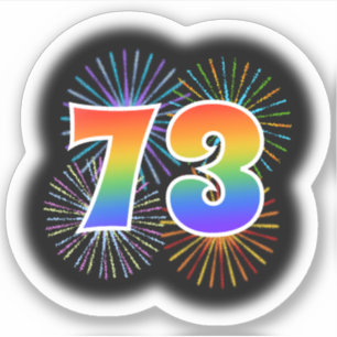 Spaß-Feuerwerke + Regenbogen-Muster "73" Ereignis Aufkleber
