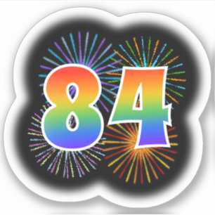 Spaß-Feuerwerke + Regenbogen-Muster "84" Ereignis Aufkleber