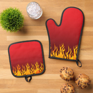 Spaß Flammen auf Rot und schwarzem Farbverlauf Ofenhandschuh & Topflappen-Set