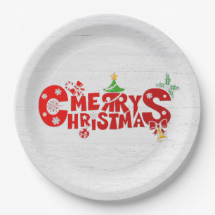 Spaß frohe Weihnachten Text auf weißem Holz Pappteller