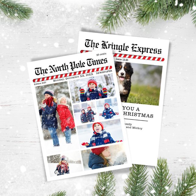 Spaß frohe Weihnachts-Collage Zeitung Feiertagskarte (With a candy cane-striped headlines. )