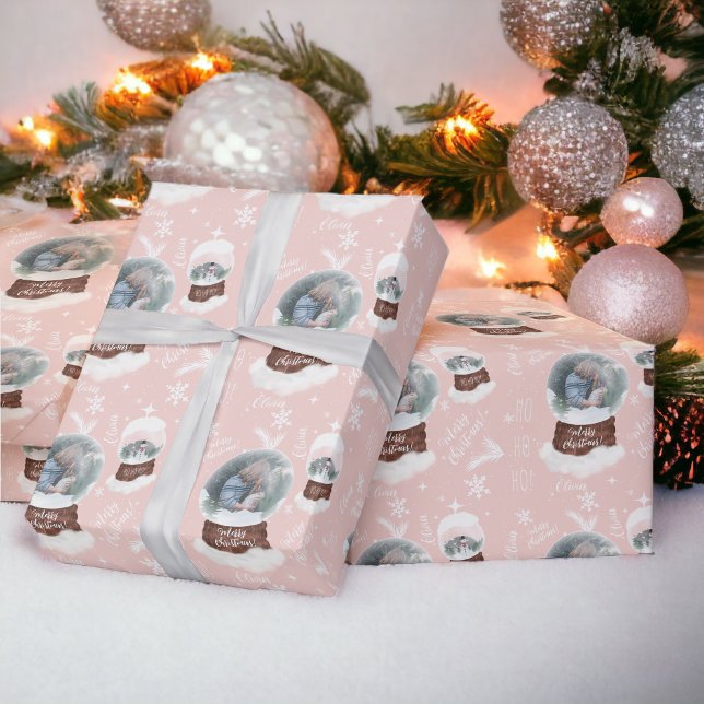 Spaß frohe Weihnachts-Illustration Foto Snowglobe Geschenkpapier (Fun merry Christmas illustration photo snowglobe Wrapping Paper pink)