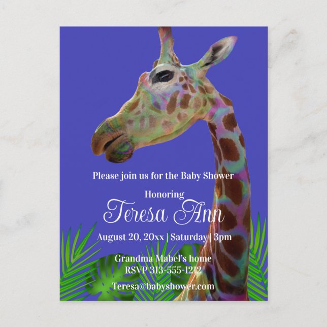 Spaß funky bunter Giraffe Babydusche Einladung Postkarte (Vorderseite)