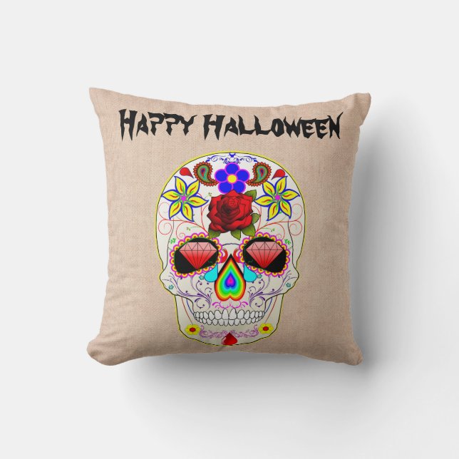 Spaß glücklich Halloween Blumenzucker Schädel Kissen (Vorderseite)