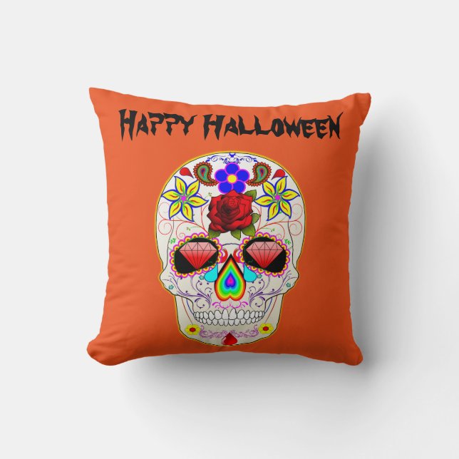 Spaß glücklich Halloween Blumenzucker Schädel Kissen (Vorderseite)
