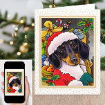 Spaß glücklich Weihnachten Weihnachten Weihnachten<br><div class="desc">Es ist an der Zeit,  mit diesem lustigen Santa Dog Notecard festlich zu werden! Mit einem niedlichen Daschund mit einer Weihnachtsmannmütze und einem Sack voller Geschenke. Die Begrüßung und die Botschaft im Inneren können personalisiert sein,  sodass Sie sie wirklich einzigartig machen können. Größe: klein,  4" x 5, 6"</div>