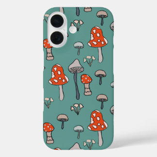Spaß, handgezogene Pilze auf hellblauem Hintergrun iPhone 16 Hülle