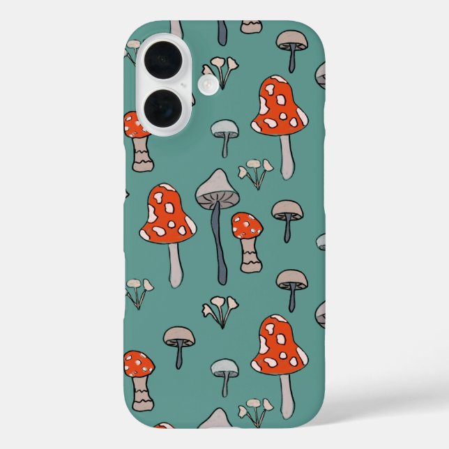 Spaß, handgezogene Pilze auf hellblauem Hintergrun iPhone 16 Hülle (Rückseite)