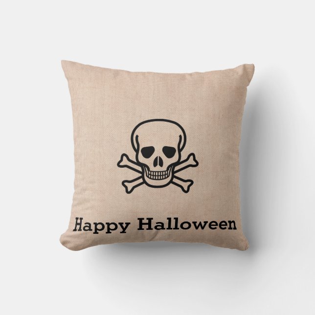 Spaß Happy Halloween Skeleton Burlap Kissen (Vorderseite)