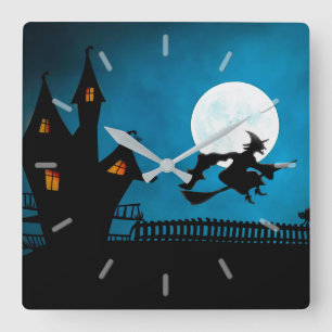 Spaß-Hexe u. Vollmond durch Spuk Haus Quadratische Wanduhr
