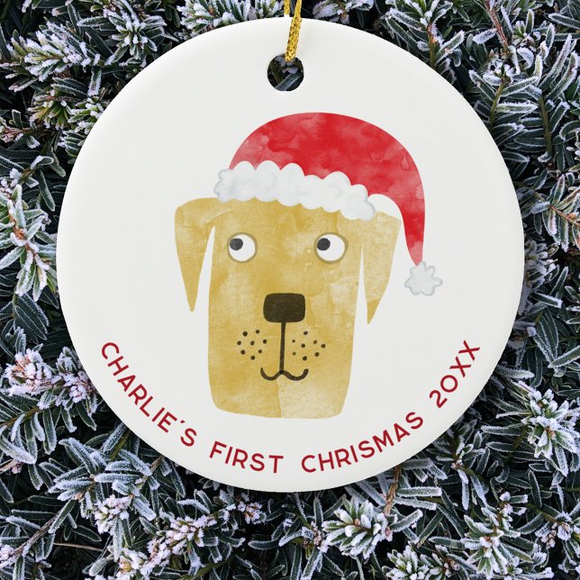 Spaß Hund Erste Weihnachten Personalisiert Keramik Ornament (Fun Yellow Golden Labrador Retriever Dog personalized name first christmas date ceramic ornament)
