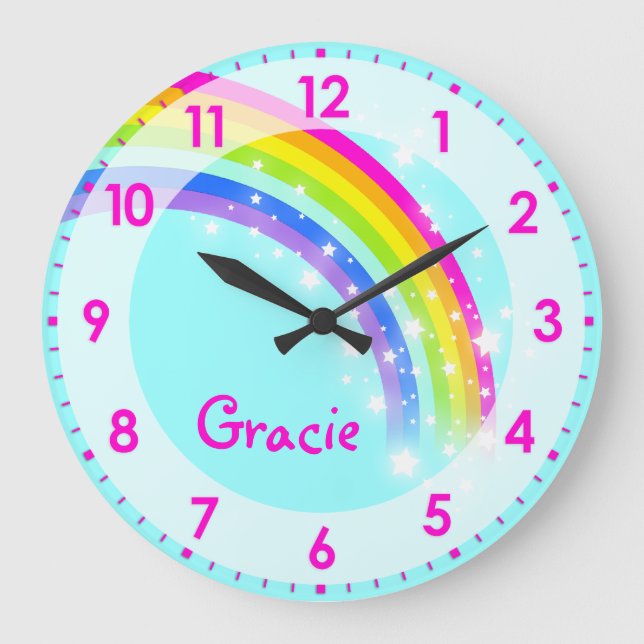 Spaß Kinder Mädchen Regenbogenname Aqua Rosa Wandu Große Wanduhr (Vorderseite)