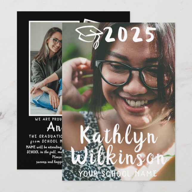 Spaß Lässiges Skript Einfach 4 Foto Abschluss Ankündigung (Vorne/Hinten)