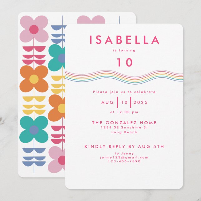 Spaß Lebhaft Retro Blume Geburtstag Einladung (Vorne/Hinten)