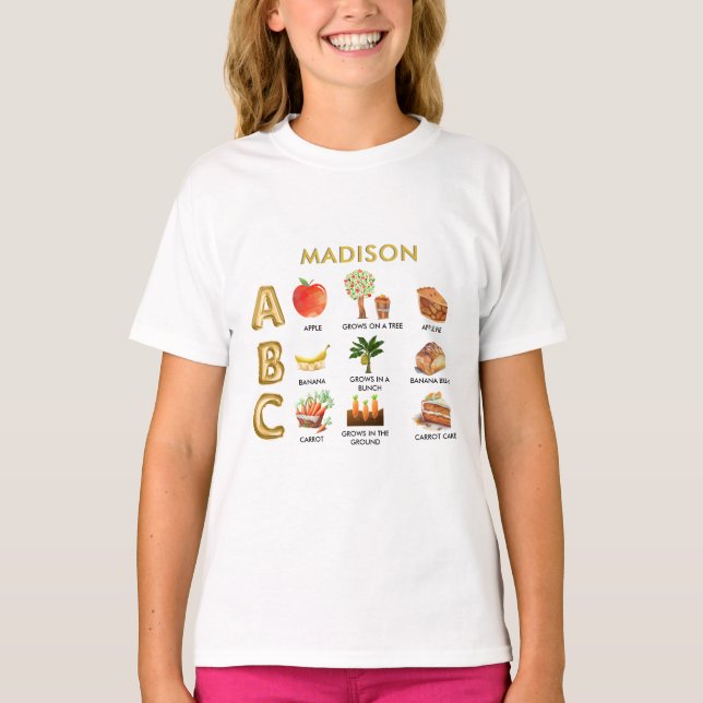 Spaß lernen ABCs Apple Banana Carrot Name T-Shirt (Vorderseite)