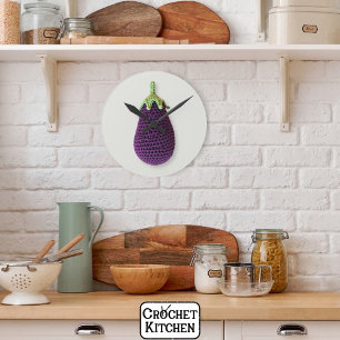 Spaß Lila Moderne Minimal Crochet Eggplant Runde Wanduhr