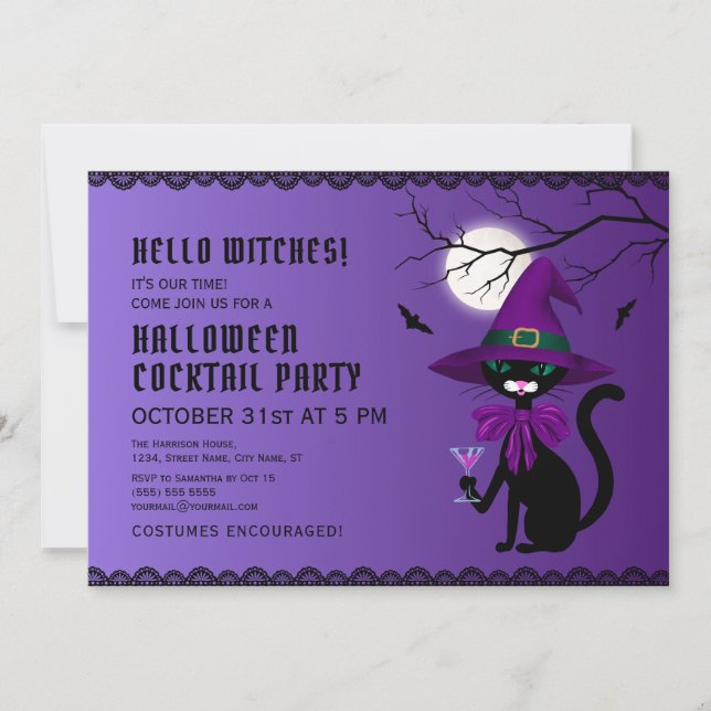 Spaß Lila schwarzer Katze Hexenhut MondHalloween Einladung (Vorderseite)