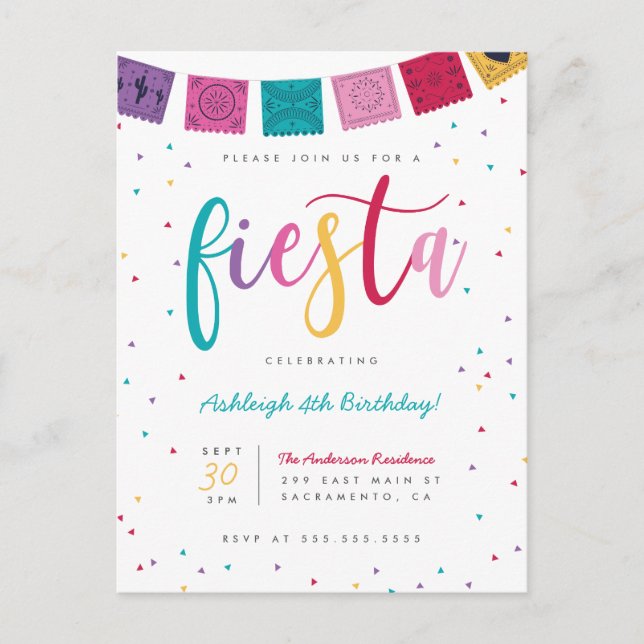 Spaß mexikanisch farbenfrohe Script Fiesta Kinder' Einladungspostkarte (Vorderseite)