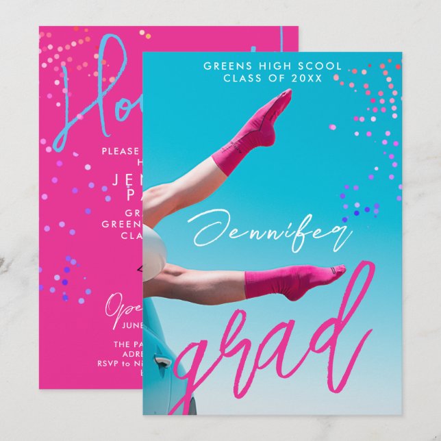 Spaß Modernes Hot Pink Typo Uni School Grad Foto Ankündigung (Vorne/Hinten)