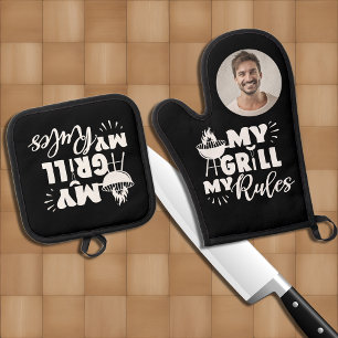 Spaß My Grill My Rules Typografy Foto Ofenhandschuh & Topflappen-Set