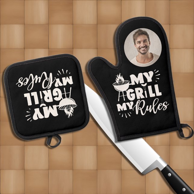 Spaß My Grill My Rules Typografy Foto Ofenhandschuh & Topflappen-Set (Von Creator hochgeladen)