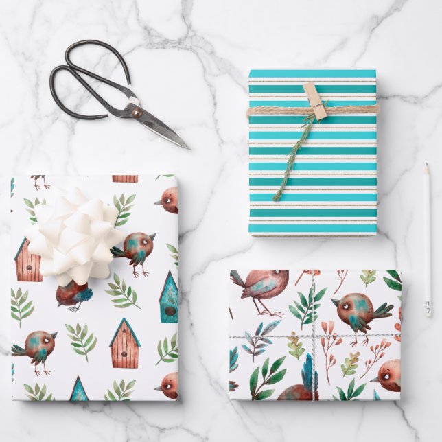 Spaß Niedliche Rustikale Vogelhäuser Streifen Geschenkpapier Set (Vorderseite)