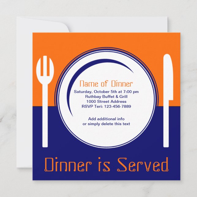 Spaß-orange u. blaue Abendessen-Einladung Einladung (Vorderseite)