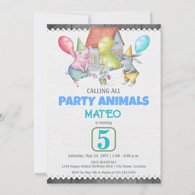Spaß Party Tiere Geburtstag Einladung (Vorderseite)