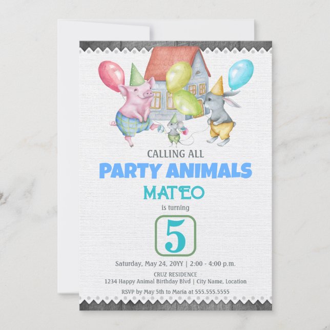 Spaß Party Tiere Geburtstag Einladung (Vorderseite)