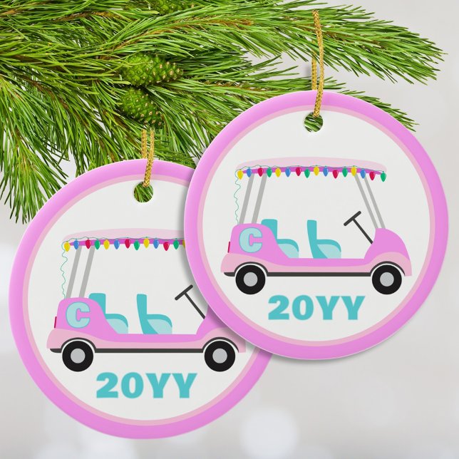 Spaß Personalisiert Pink Golf Cart Urlaub Lichter Keramik Ornament (Fun cute and festive pink golf cart ornament personalized with your initial and the year. )
