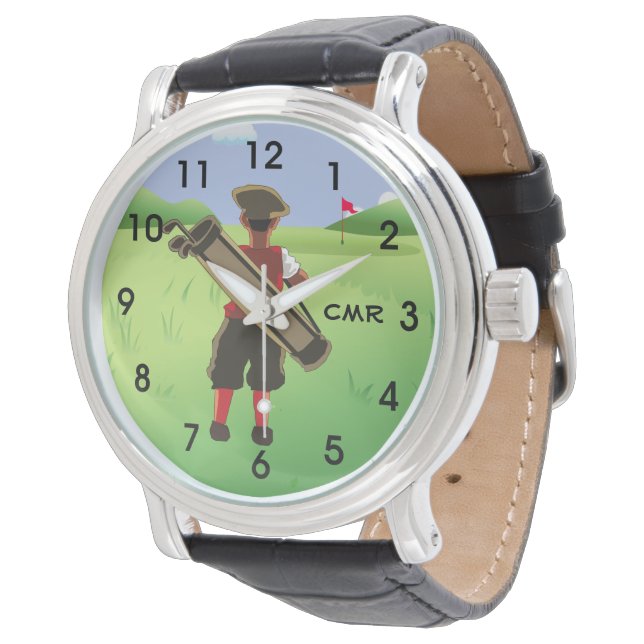Spaß Personalisiertes Mongramm Golfer auf Golfplat Armbanduhr (Schrägansicht)