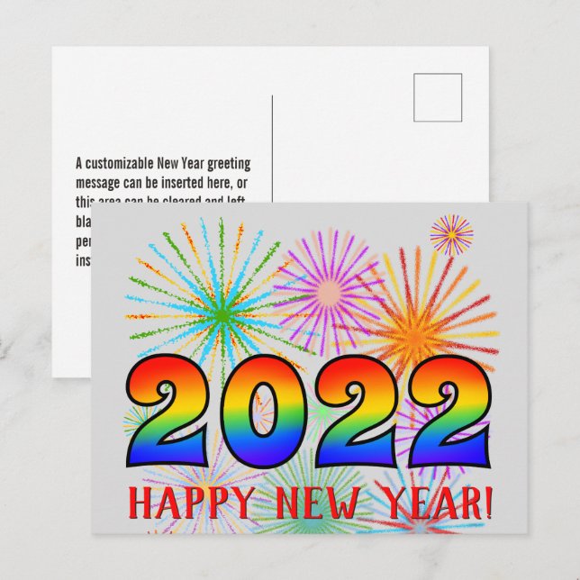 Spaß, Regenbogenfarben 2022 + "GLÜCKLICHES NEUES J Postkarte (Vorne/Hinten)