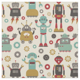 Spaß-Retro Roboter-illustriertes Muster (Creme) Stoff