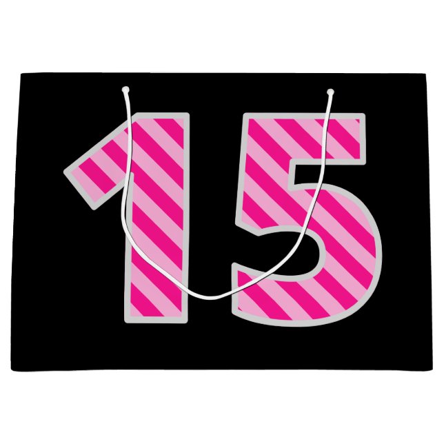 Spaß rosa Streifen "15"; Glücklicher 15. Geburtsta Große Geschenktüte (Vorderseite)