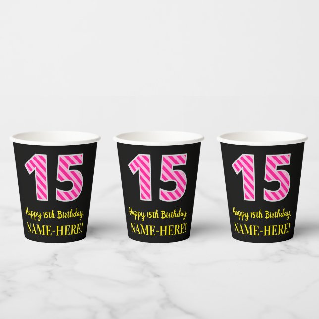 Spaß rosa Streifen "15": Glücklicher 15. Geburtsta Pappbecher (Multi)